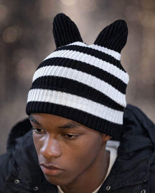 Person wearing a black and white striped knit hat with cat ears against a blurred background