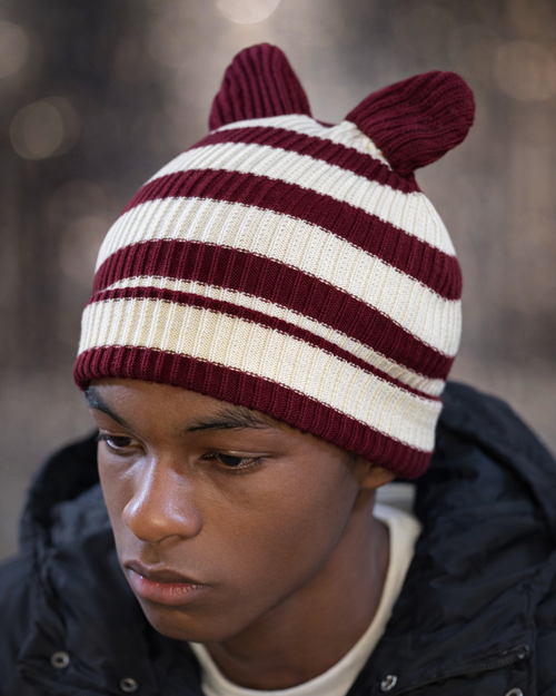 BURGUNDY/CREAM - BEAR EAR BEANIE - STRIPED