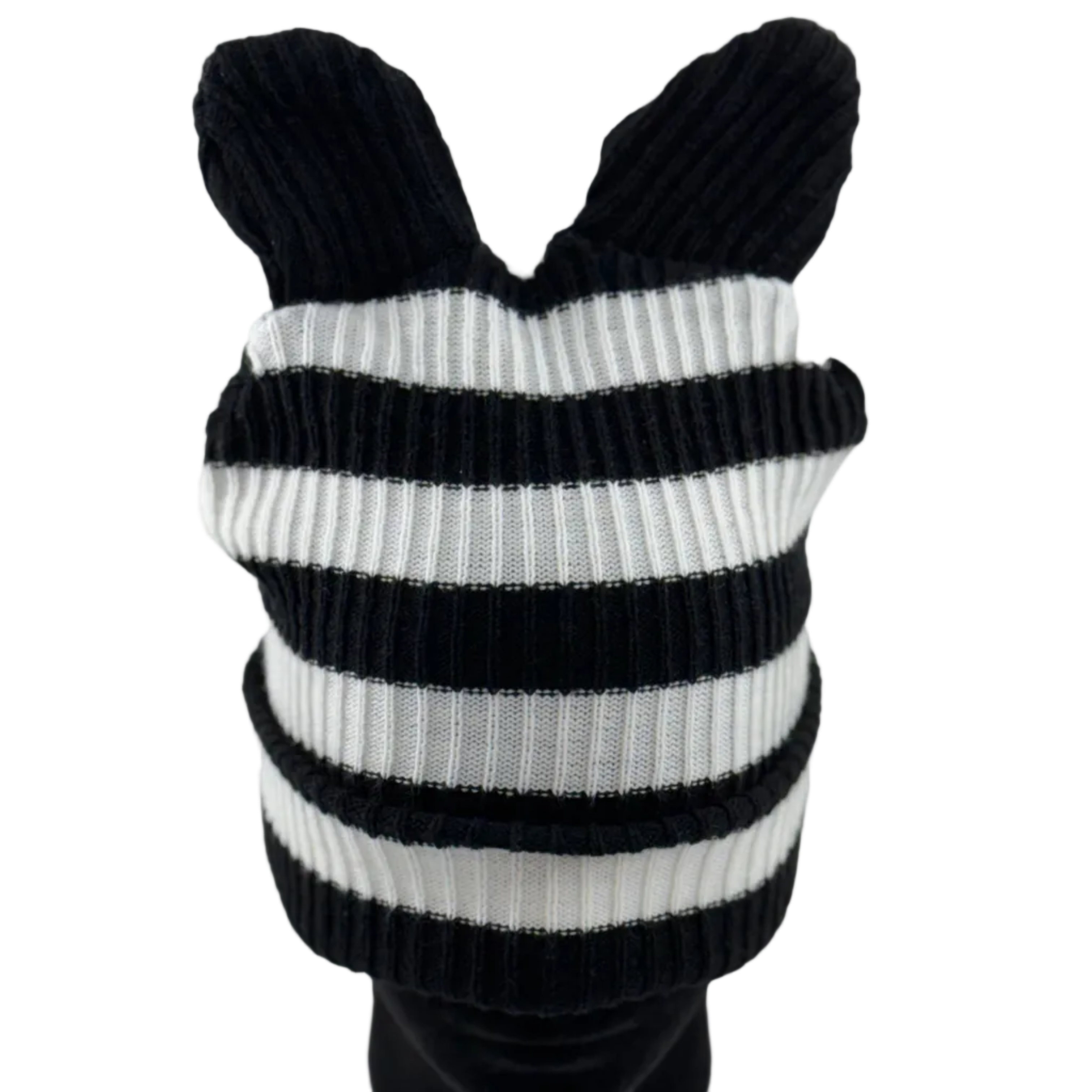 BLACK/WHITE - BEAR EAR BEANIE - STRIPED