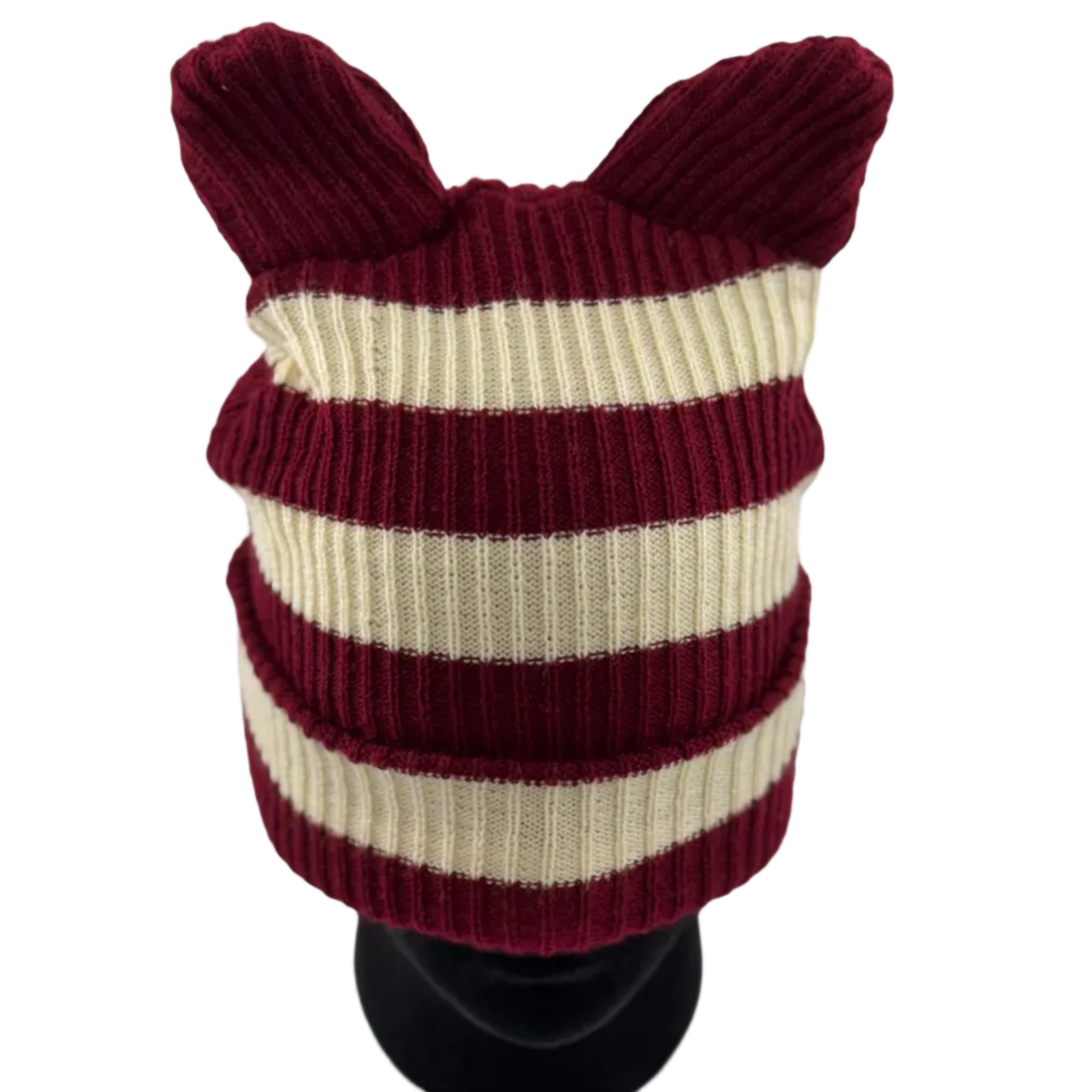 BURGUNDY/CREAM - BEAR EAR BEANIE - STRIPED