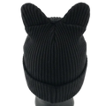 BLACK knit beanie with bunny ears on a mannequin head against a white background