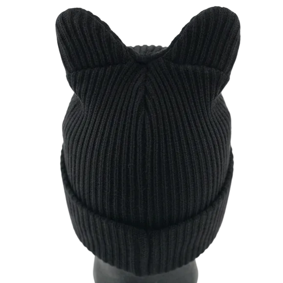BLACK knit beanie with bunny ears on a mannequin head against a white background