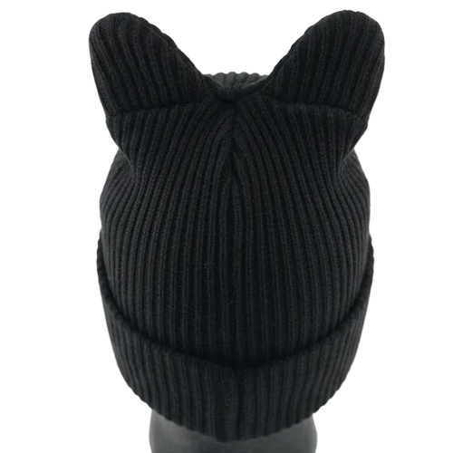 BLACK knit beanie with bunny ears on a mannequin head against a white background