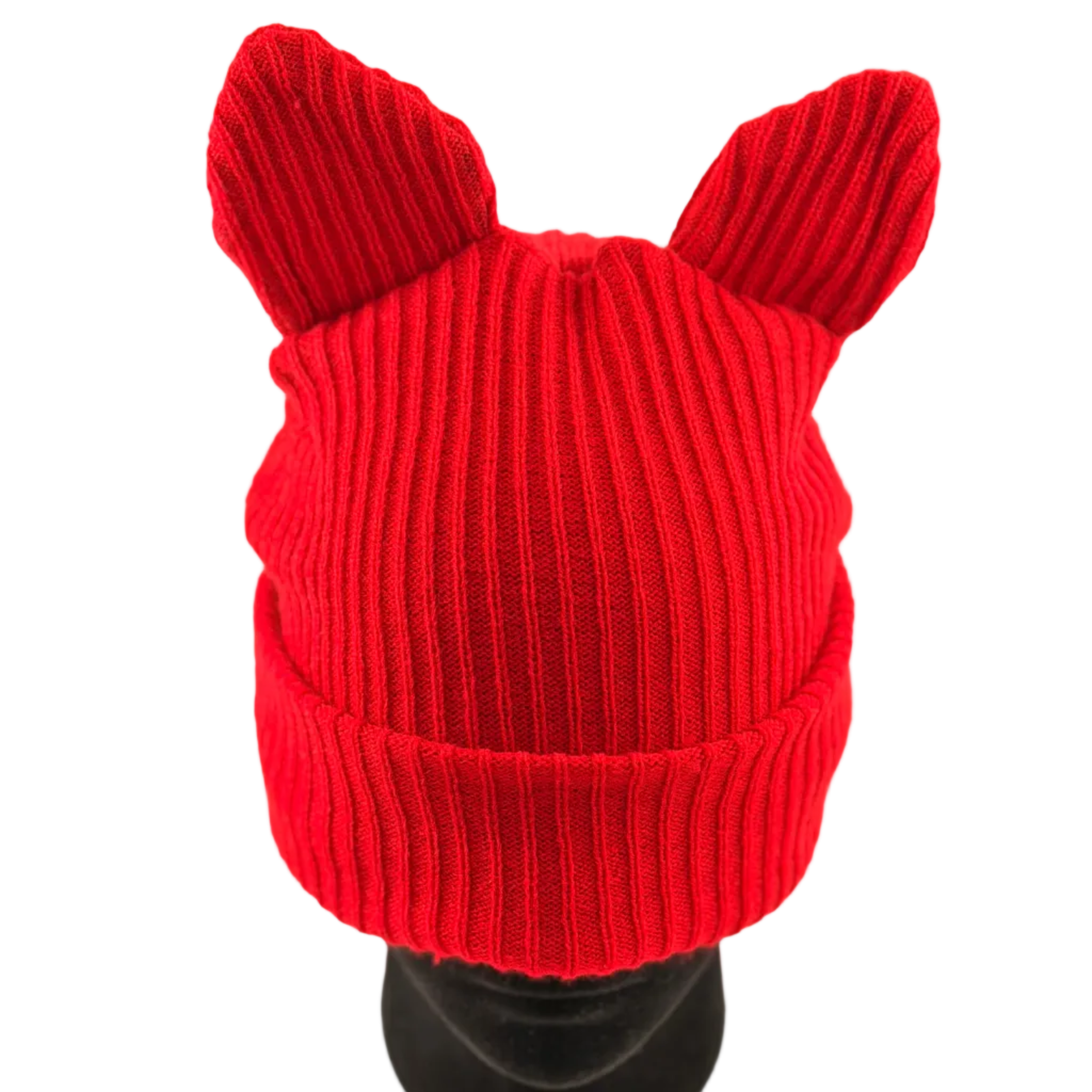 Red knitted hat with bunny ears on a mannequin head against a white background