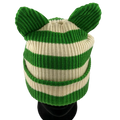 Green and beige striped knit hat with ear-like extensions on a white background