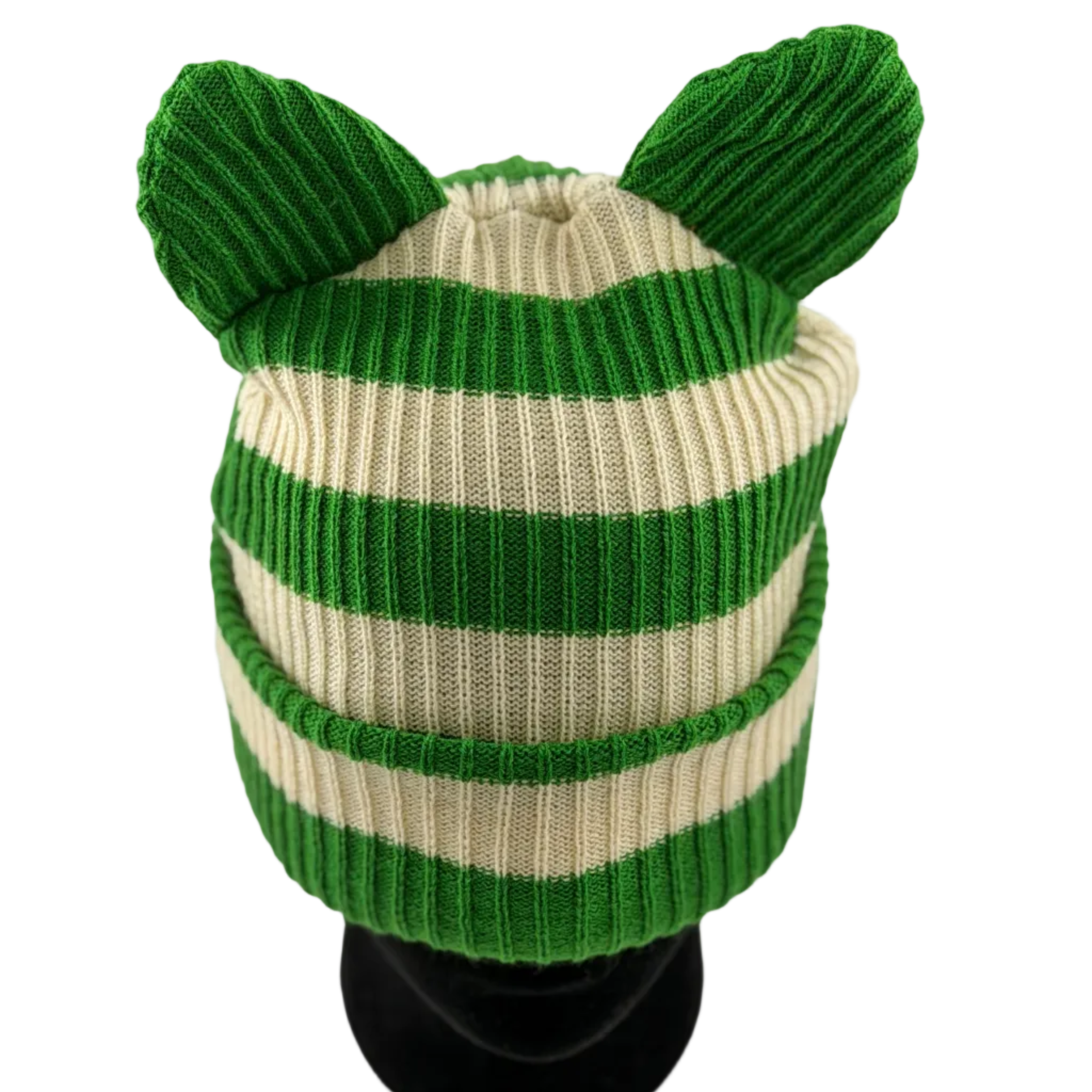 Green and beige striped knit hat with ear-like extensions on a white background
