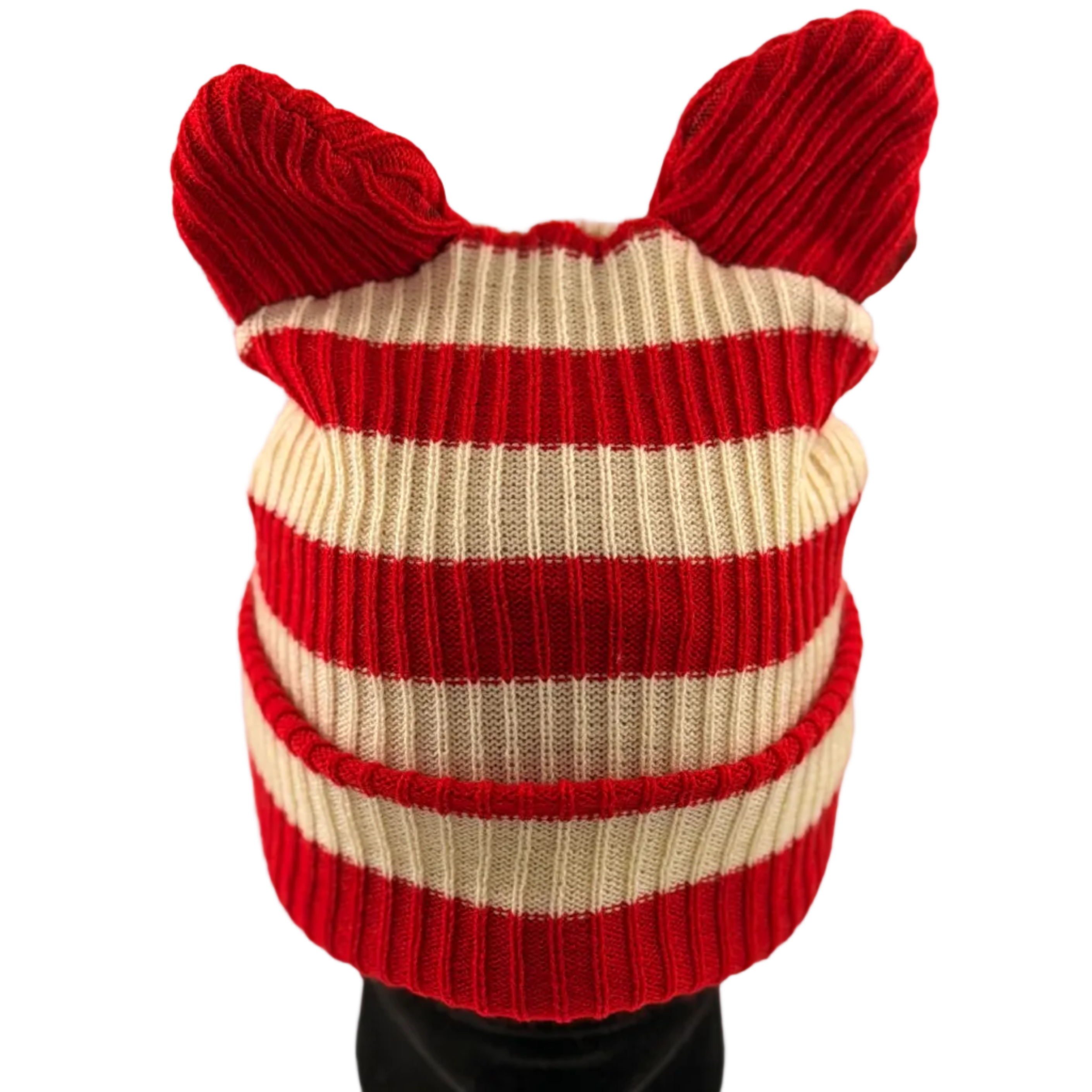Red and white striped knitted hat with ears on a mannequin head against a plain background